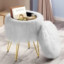 GREENSTELL Vanity Stool Chair With Storage, 15.75" W X 19.29" H Round Faux Fur Ottoman With 4 Metal Legs, Furry Padded Seat, Modern Multifunctional Makeup Stool For Bedroom Living Room Pink -Best Furniture Store 41X7mn6hlBL. AC