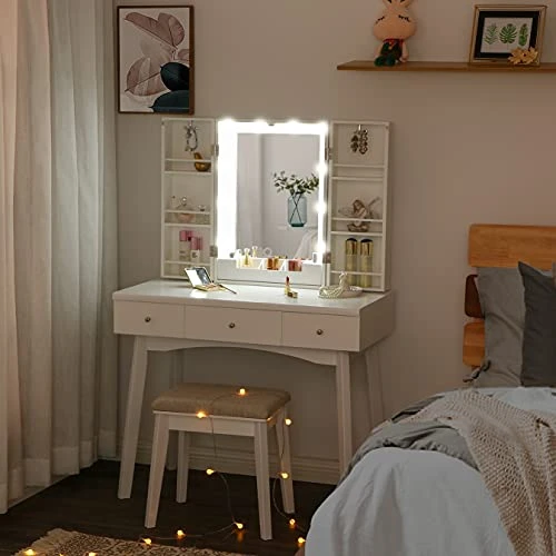 Anity Desk With Lighted Mirror, Makeup Vanity With Lights, White Vanity Set With 10 LED Bulbs & Adjustable Brightness, Dressing Table With Makeup Cabinet 3 Drawers For Women FST14W 2 Anity Desk With Lighted Mirror, Makeup Vanity With Lights, White Vanity Set With 10 LED Bulbs & Adjustable Brightness, Dressing Table With Makeup Cabinet 3 Drawers For Women FST14W - Image 2