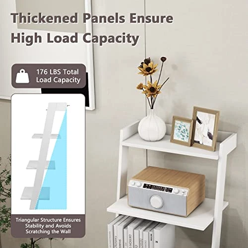 Tangkula 4 Tier Ladder Shelf, Leaning Bookshelf With Solid Wooden Frame, Anti-toppling Device, Anti-falling Baffle, Organizer Shelf, Open Shelving Unit For Home Office, 19.5 X 17.5 X 43 Inches (White) 5 Tangkula 4 Tier Ladder Shelf, Leaning Bookshelf With Solid Wooden Frame, Anti-toppling Device, Anti-falling Baffle, Organizer Shelf, Open Shelving Unit For Home Office, 19.5 X 17.5 X 43 Inches (White) - Image 5
