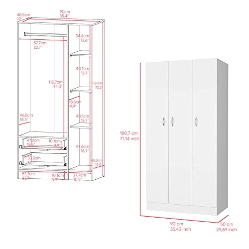 GENERIC Erie Wardrobe With Four Storage Shelves, Two Drawers And Three Doors -White 3 GENERIC Erie Wardrobe With Four Storage Shelves, Two Drawers And Three Doors -White - Image 3