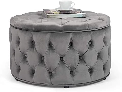 Homebeez Round Velvet Storage Ottoman, Button Tufted Footrest Stool Coffee Table For Living Room (Grey) 9 Homebeez Round Velvet Storage Ottoman, Button Tufted Footrest Stool Coffee Table For Living Room (Grey) - Image 9