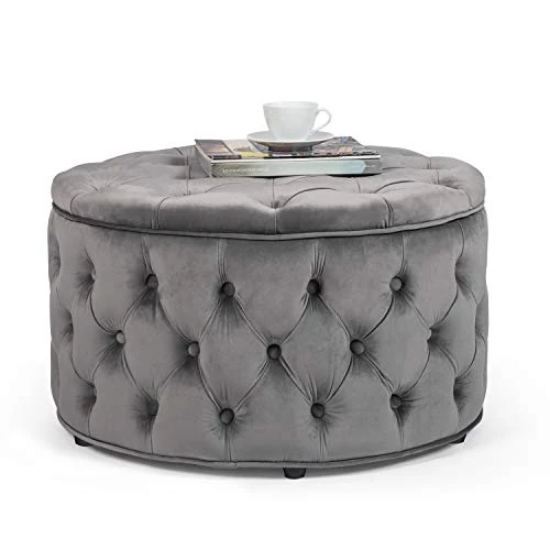 Homebeez Round Velvet Storage Ottoman, Button Tufted Footrest Stool Coffee Table For Living Room (Grey) 1 Homebeez Round Velvet Storage Ottoman, Button Tufted Footrest Stool Coffee Table For Living Room (Grey)