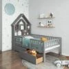 DEINPPA Twin Size House Bed With Bookcase Headboard, Wooden House Bed Frame With Fence Guardrails And Drawers, No Box Spring Needed, For Kids Toddler-Grey