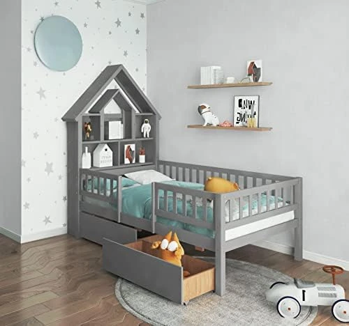 DEINPPA Twin Size House Bed With Bookcase Headboard, Wooden House Bed Frame With Fence Guardrails And Drawers, No Box Spring Needed, For Kids Toddler-Grey 15 DEINPPA Twin Size House Bed With Bookcase Headboard, Wooden House Bed Frame With Fence Guardrails And Drawers, No Box Spring Needed, For Kids Toddler-Grey - Image 15