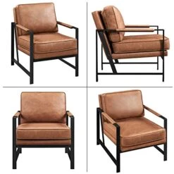 Yaheetech PU Leather Armchairs, Retro Leisure Accent Chair With Extra Soft Padded And Cushion, 105 Degree Slant Back, Modern Reading Arm Chair For Living Room/Office/Bedroom/Study, 2pcs, Light Brown -Best Furniture Store 41XyuhoVHVL