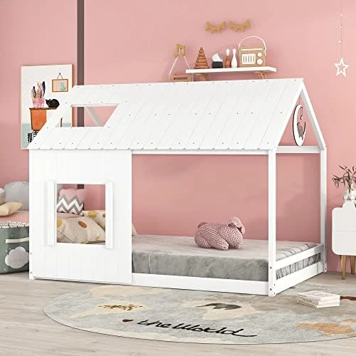 HZSSDTKJ Twin Size Low Wood House Bed With Roof And Window,Wooden Floor Platform Bed Frame With Wood Slats Support,Playhouse Design For Kids Girls Boys Teens Bedroom Furniture (Gray+Natural, Twin) 12 HZSSDTKJ Twin Size Low Wood House Bed With Roof And Window,Wooden Floor Platform Bed Frame With Wood Slats Support,Playhouse Design For Kids Girls Boys Teens Bedroom Furniture (Gray+Natural, Twin) - Image 12