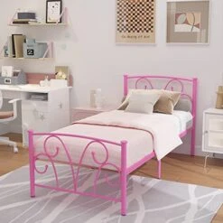Timy Pink Kids Twin Bed Frame With Headboard And Footboard , Metal Platform Bed Frame With 12 Inch Storage Space For Boys Girls Teens Adults, No Box Spring Needed -Best Furniture Store 41Z3bpfV4iL
