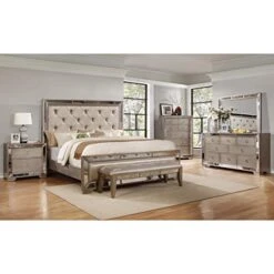 Ava Mirrored 6 Pcs Bedroom Set With Bench, Cal. King, Silver/Bronze