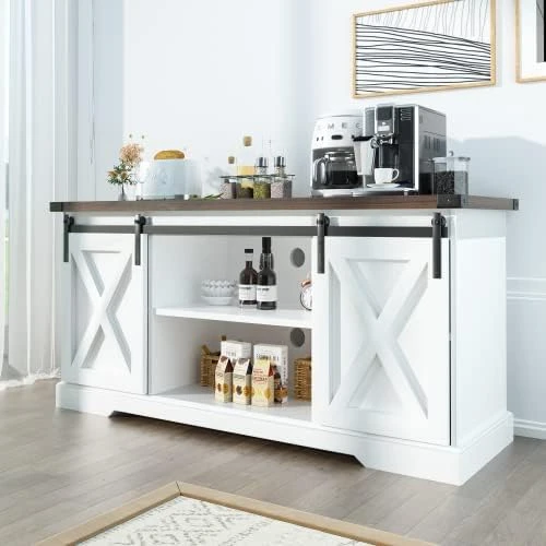 Squireewo Farmhouse Buffet Cabinet Sideboard With Sliding Barn Doors, Rustic Coffee Bar Cabinet Server With Storage And Adjustable Shelves, Cupboard Table For Kitchen Dining Room Living Room, White 9 Squireewo Farmhouse Buffet Cabinet Sideboard With Sliding Barn Doors, Rustic Coffee Bar Cabinet Server With Storage And Adjustable Shelves, Cupboard Table For Kitchen Dining Room Living Room, White - Image 9
