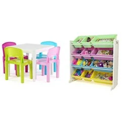Humble Crew White Table/Pastel Chairs Kids Plastic 4 Set & White/Pastel Kids' Toy Storage Organizer