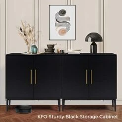 KFO Storage Cabinet With Doors, Black Accent Cabinet, Modern Free Standing Cabinet, Black Sideboard With Metal Base For Bedroom, Living Room, Kitchen And Office -Best Furniture Store 41aMudt5DhL