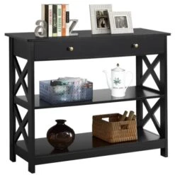 Yaheetech 3-Tier Console Table For Entryway, 39.5 Inch Entryway Table With Drawer And 2 Storage Shelves, Narrow Wood Accent Table For Entryway/Hallway/Living Room/Foyer, Black
