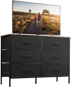 Wide Dresser With 6 Drawers, TV Stand For 50" TV, Entertainment Center With Metal Frame, Wooden Top, Fabric Storage Dresser For Bedroom, Hallway, Entryway, Rustic Brown Wood Grain Print -Best Furniture Store 41aZves11RL. AC