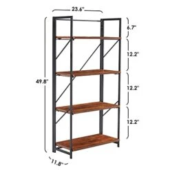 4 Tier Folding Bookshelf, Industrial Metal Book Shelf For Storage, Folding Bookcase For Organization And Storage, Rustic Wooden Metal Book Case For Living Room Office, 11.8 D X 23.6 W X 49.8 H Inches