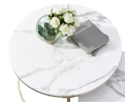 Yusong Round Nesting Coffee Tables Set Of 2, Living Room Accent Center Tables With Marble Pattern Wooden Tabletops And Gold Metal Frame, Modern Side End Tables For Bedroom, White -Best Furniture Store 41bRcHodHRL