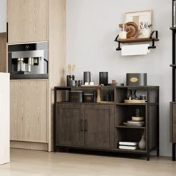 HITHOS Kitchen Buffet Cabinet, Accent Sideboard Buffet With Storage, Wood Floor Storage Cabinet With Doors And Shelves, Industrial Living Room Dining Room Furniture, Dark Brown -Best Furniture Store 41bRfqSG6IL