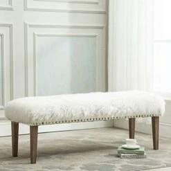 White Faux Fur Ottoman Bench Upholstered Bench For Bedroom/Living Room/Entryway Decorative Accent Bench With Wood Legs