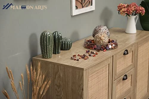 MAISON ARTS Buffet Sideboard Rattan Storage Cabinet With 3 Drawers And 2 Doors & Shelves, Kitchen Cabinet Buffet Cupboard Table With Spacious Table Top For Kitchen Dining Room Living Room 6 MAISON ARTS Buffet Sideboard Rattan Storage Cabinet With 3 Drawers And 2 Doors & Shelves, Kitchen Cabinet Buffet Cupboard Table With Spacious Table Top For Kitchen Dining Room Living Room - Image 6