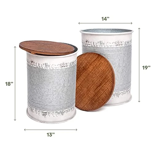 Hallops Farmhouse Accent Side Table | Galvanized Rustic Coffee Table | Metal Storage Ottoman Wood Cover With Stand| Farmhouse Decor Storage Bench (Set Of 2, Distressed White) 2 Hallops Farmhouse Accent Side Table | Galvanized Rustic Coffee Table | Metal Storage Ottoman Wood Cover With Stand| Farmhouse Decor Storage Bench (Set Of 2, Distressed White) - Image 2