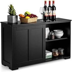 Costzon Kitchen Sideboard, Antique Stackable Storage Cabinet With Height Adjustable Shelf, Sliding Door Window, Wooden Cupboard Server Buffet Console Table For Home Dining Room Entryway (Black) -Best Furniture Store 41cMcWw8H6L. AC