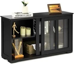 Costzon Kitchen Sideboard, Antique Stackable Storage Cabinet With Height Adjustable Shelf, Sliding Door Window, Wooden Cupboard Server Buffet Console Table For Home Dining Room Entryway (Black) -Best Furniture Store 41cYH5rt2AL. AC