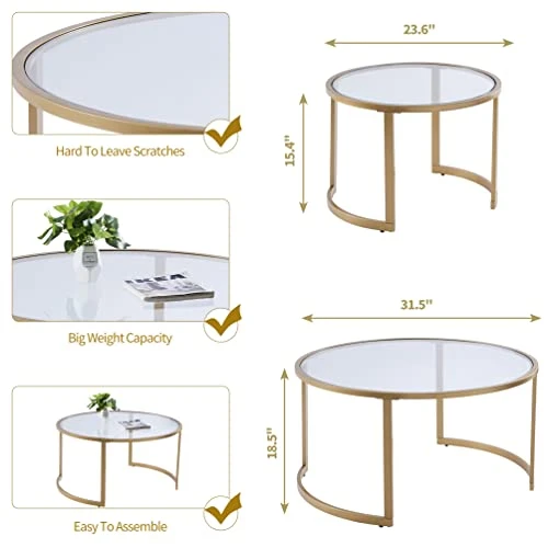 Round Nesting Coffee Table Set Of 2, Modern Side Tables With Sturdy Metal Frame And Tempered Glass, Minimalist End Table, Cocktail Table For Dining Room, Living Room, Home Decor (Gold) 1 Round Nesting Coffee Table Set Of 2, Modern Side Tables With Sturdy Metal Frame And Tempered Glass, Minimalist End Table, Cocktail Table For Dining Room, Living Room, Home Decor (Gold)