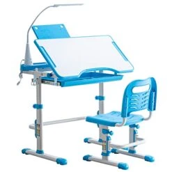 ArtSew Student Desks And Chairs Set C Style With Light White Lacquered White Surface And Blue Plastic [70x38x(52-74) Cm]