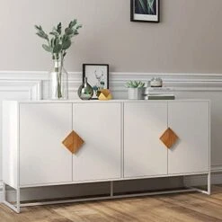 63 Inch Wide Buffet Kitchen Sideboard Storage Cabinet, Floor Cupboard With 4 Doors, Free Standing Accent Cabinet For Living Room, Solid Wood Square Handle Double Storage Sideboard, White -Best Furniture Store 41d883m7rfL