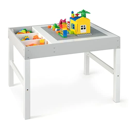 Costzon Kids Table, 3 In 1 Wooden Building Block Desk W/Storage, Double-Sided Tabletop For Toddler Arts, Crafts, Drawing, Reading, Playing, Gift For Boys Girls, Children Activity Table (White & Gray) 1 Costzon Kids Table, 3 In 1 Wooden Building Block Desk W/Storage, Double-Sided Tabletop For Toddler Arts, Crafts, Drawing, Reading, Playing, Gift For Boys Girls, Children Activity Table (White & Gray)