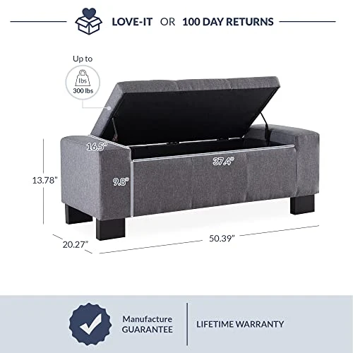 BELLEZE 50 Inch Storage Ottoman Bench, Upholstered Tufted Linen Fabric, Foam Padded Large Rectangular Footrest, Living Room Furniture - Arlington (Gray) 3 BELLEZE 50 Inch Storage Ottoman Bench, Upholstered Tufted Linen Fabric, Foam Padded Large Rectangular Footrest, Living Room Furniture - Arlington (Gray) - Image 3