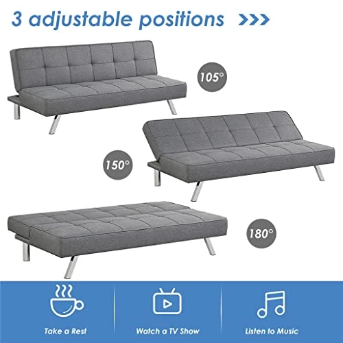 JAHH Convertible Futon Grey Linen Fabric Sofa Bed Adjustable Sleeper With Stainless Steel Legs 6 JAHH Convertible Futon Grey Linen Fabric Sofa Bed Adjustable Sleeper With Stainless Steel Legs - Image 6