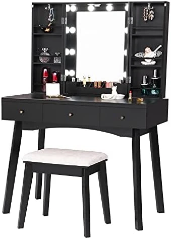 Anity Desk With Lighted Mirror, Makeup Vanity With Lights, White Vanity Set With 10 LED Bulbs & Adjustable Brightness, Dressing Table With Makeup Cabinet 3 Drawers For Women FST14W 4 Anity Desk With Lighted Mirror, Makeup Vanity With Lights, White Vanity Set With 10 LED Bulbs & Adjustable Brightness, Dressing Table With Makeup Cabinet 3 Drawers For Women FST14W - Image 4