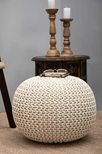 COTTON CRAFT - Hand Knitted Cable Style Dori Pouf - Ivory - Floor Ottoman - Cotton Braid Cord - Handmade & Hand Stitched - Truly One Of A Kind Seating - 20 Dia X 14 High 3 COTTON CRAFT - Hand Knitted Cable Style Dori Pouf - Ivory - Floor Ottoman - Cotton Braid Cord - Handmade & Hand Stitched - Truly One Of A Kind Seating - 20 Dia X 14 High - Image 3