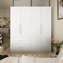 Wardrobe Armoire Closet With 4 Doors, 63" Wide Large Freestanding Armoire Wardrobe Cabinet With Shelves & 3 Hanging Rods, Bedroom Wood Clothes Storage Cabinet Organizer, White 14 Wardrobe Armoire Closet With 4 Doors, 63" Wide Large Freestanding Armoire Wardrobe Cabinet With Shelves & 3 Hanging Rods, Bedroom Wood Clothes Storage Cabinet Organizer, White -Best Furniture Store 41djZsp9jUL. AC