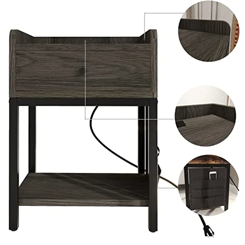 Furniouse End Table With Charging Station,Sofa Side Table With USB Ports And Outlets,Nightstand Sofa Table With Drawer And Side Pocketfor Living Room, Study, Bedroom, Industrial(Gray) 4 Furniouse End Table With Charging Station,Sofa Side Table With USB Ports And Outlets,Nightstand Sofa Table With Drawer And Side Pocketfor Living Room, Study, Bedroom, Industrial(Gray) - Image 4