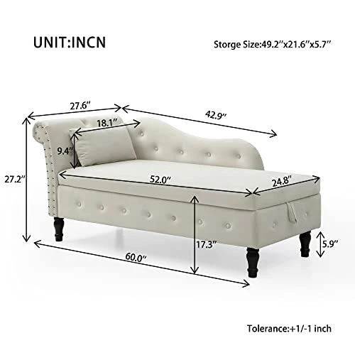 Homtique 60" Velvet Storage Chaise Lounge Indoor Button Tufted With Pillow, Nailhead Decorate Rolled Arm Chaise Lounge For Bedroom Living Room (Beige, With Storage) 5 Homtique 60" Velvet Storage Chaise Lounge Indoor Button Tufted With Pillow, Nailhead Decorate Rolled Arm Chaise Lounge For Bedroom Living Room (Beige, With Storage) - Image 5