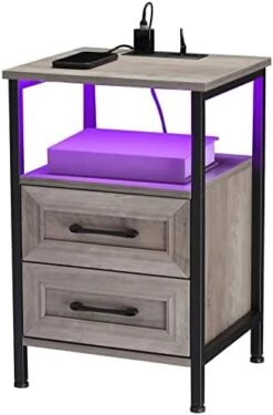 HOSEOKA Grey Nightstand With Charging Station And RGB Lights, Night Stand Rustic End Table With 2 Drawers With USB Ports And Outlets Bedside Tables For Living Room Bedroom Office -Best Furniture Store 41eIFtuVHL. AC