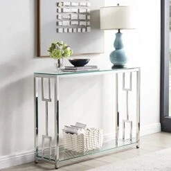 Modern Console Table Double Layer With Shelf, 41.7" Sofa Table With Tempered Glass Top, Stainless Steel Leg, Narrow Table Entryway Table,Hallway Table For Entryway,Living Room,Hallway Clear
