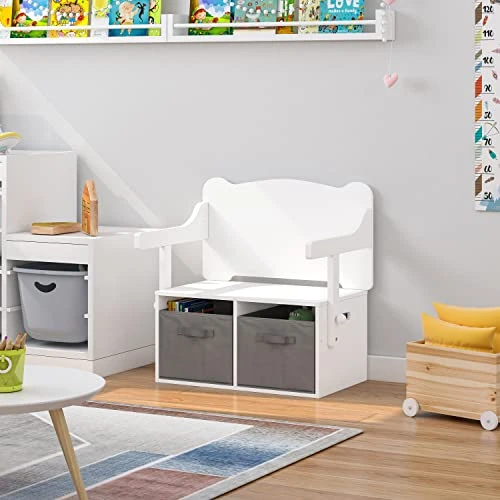 UTEX 3-in-1 Kids Convertible Activity Bench, Kids Toy Storage Bench With Two Bins For Toddlers, Kids Bench Table Indoor For 3 Age+, White 2 UTEX 3-in-1 Kids Convertible Activity Bench, Kids Toy Storage Bench With Two Bins For Toddlers, Kids Bench Table Indoor For 3 Age+, White - Image 2