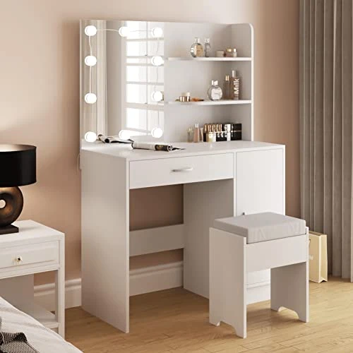 Makeup Vanity With Lights, Vanity Desk With Mirror And Lights Set, Large Drawer And Two-Tier Lots Storage Cabinet Dresser, 3 Lighting Modes Adjustable Brightness, Makeup Table For Bedroom, White 2 Makeup Vanity With Lights, Vanity Desk With Mirror And Lights Set, Large Drawer And Two-Tier Lots Storage Cabinet Dresser, 3 Lighting Modes Adjustable Brightness, Makeup Table For Bedroom, White - Image 2