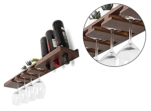 Rustic State Molise Wall Mount Wood Floating Wine Rack Stemware Holder Glassware Shelf Cork Storage Organizer For 3 Bottles And 4 Glasses - Home, Kitchen, Dining Room Bar Décor - Walnut 5 Rustic State Molise Wall Mount Wood Floating Wine Rack Stemware Holder Glassware Shelf Cork Storage Organizer For 3 Bottles And 4 Glasses - Home, Kitchen, Dining Room Bar Décor - Walnut - Image 5