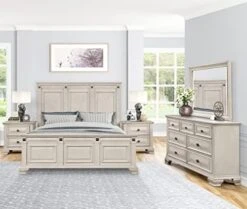 Va Wood Bedroom Set, Queen Panel Bed, Dresser, Mirror, Two Nightstands, Distressed Parchment -Best Furniture Store 41fF9yjeu2L. AC