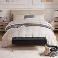 Button-Tufted Ottoman Bench, Upholstered Bedroom Benches Velvet Footrest Stool Accent Bench For Entryway Dining Room Living Room Bedroom End Of Bed, Black -Best Furniture Store 41fJArsWZDL