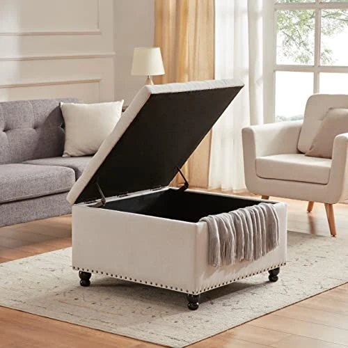 Tbfit Large Square Storage Ottoman Bench, Tufted Upholstered Coffee Table Ottoman With Storage, Oversized Storage Ottomans Toy Box Footrest For Living Room, Cream Beige 3 Tbfit Large Square Storage Ottoman Bench, Tufted Upholstered Coffee Table Ottoman With Storage, Oversized Storage Ottomans Toy Box Footrest For Living Room, Cream Beige - Image 3