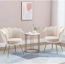 ZJhome Modern Accent Velvet Chairs Set Of 2 Comfy Upholstered Vanity Chairs For Bedroom Shell-Shaped Armchair Dining Chairs With Golden Metal Legs Desk Chair Makeup Chairs For Living Room(Beige) -Best Furniture Store 41fnTI108UL. AC
