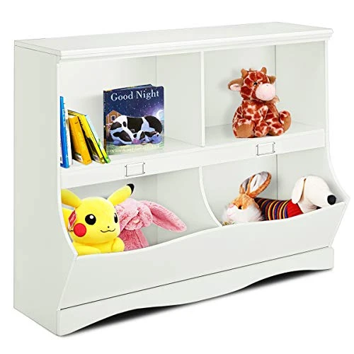 Costzon Toy Organizers And Storage With Footboard, Wooden 4-Cubby Kids Book Shelf And Toys Bin, Multifunctional Modern Toy Cabinet Bookcase For Playroom, Bedroom, Nursery, Hallway (White)