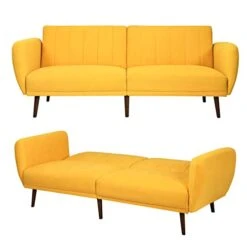 TOMANOR Futon Sofa Bed, Yellow Futon Couch Convertible Sleeper Sofa With Adjustable Armrests Upholstery Fabric Futon Bed For Living Room,Small Space,Offices,Dorm,Studio