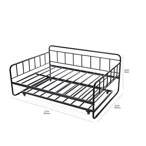 Full Daybed And Twin Size Trundle Bed Frame Set, Steel Slat Support, Black 1 Full Daybed And Twin Size Trundle Bed Frame Set, Steel Slat Support, Black