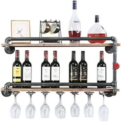 TANGGU Industrial Wine Racks Wall Mounted With 7 Stem Glass Holder,2-Tiers Rustic Metal Hanging Wine Holder,36in Wall Mount Bottle Holder,Pipe Shelves Kitchen/Living Room/Home Wood Wine Shelf -Best Furniture Store 41gJ43CKcPL. AC
