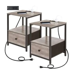 AMHANCIBLE End Tables With Charging Station, Nightstands Set Of 2 For Bedroom, Night Stand With Drawer USB Ports & Power Outlets, Sofa Side Table For Living Room Greige HET04SDGY